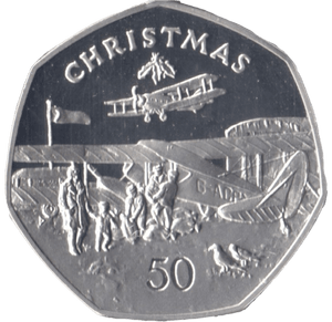 1985 SILVER PROOF CHRISTMAS LARGE 50P BI PLANE ISLE OF MAN 2 - 50P REGIONAL ISSUES - Cambridgeshire Coins