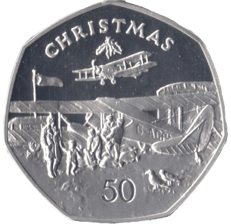 1985 SILVER PROOF CHRISTMAS LARGE 50P BI PLANE ISLE OF MAN 2 - 50P REGIONAL ISSUES - Cambridgeshire Coins