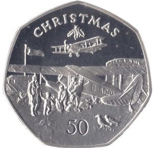 1985 SILVER PROOF CHRISTMAS LARGE 50P BI PLANE ISLE OF MAN - 50P REGIONAL ISSUES - Cambridgeshire Coins