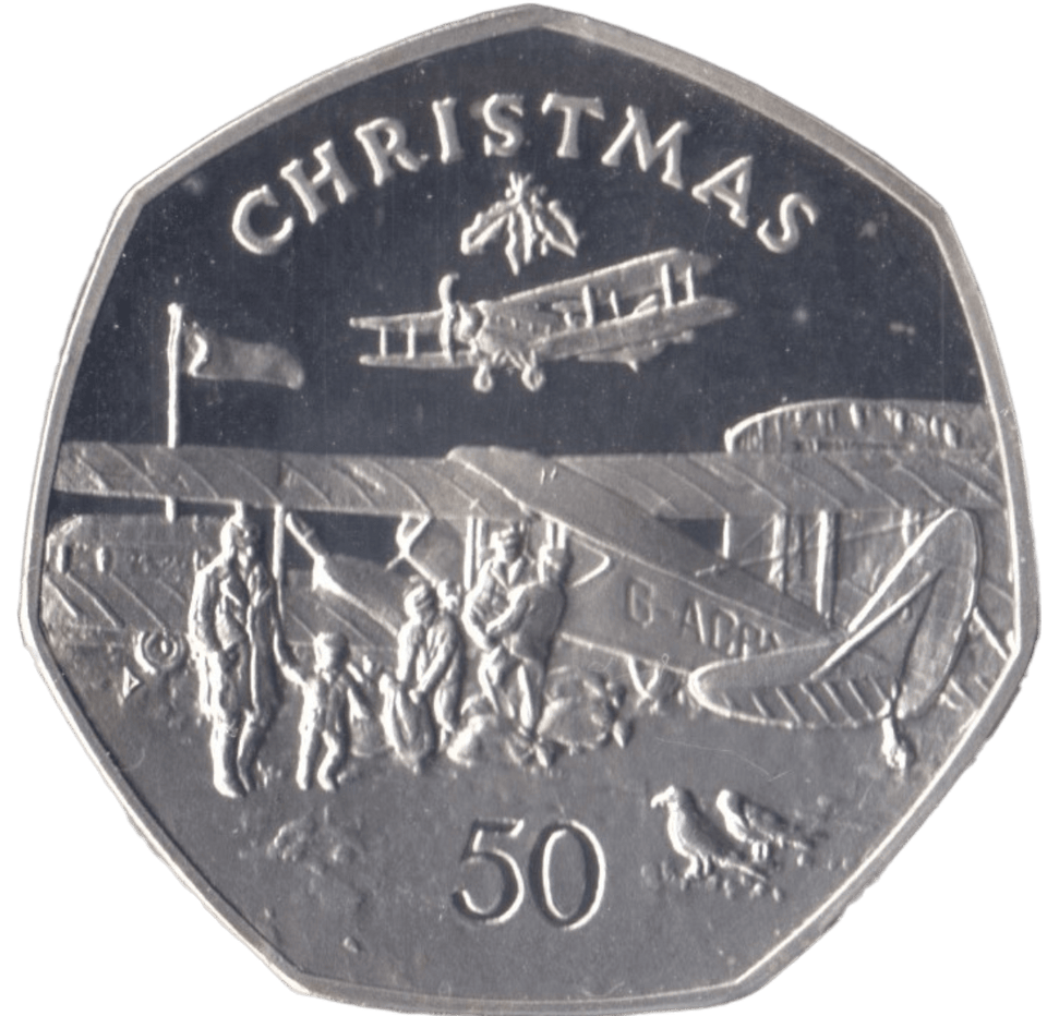 1985 SILVER PROOF CHRISTMAS LARGE 50P BI PLANE ISLE OF MAN - 50P REGIONAL ISSUES - Cambridgeshire Coins
