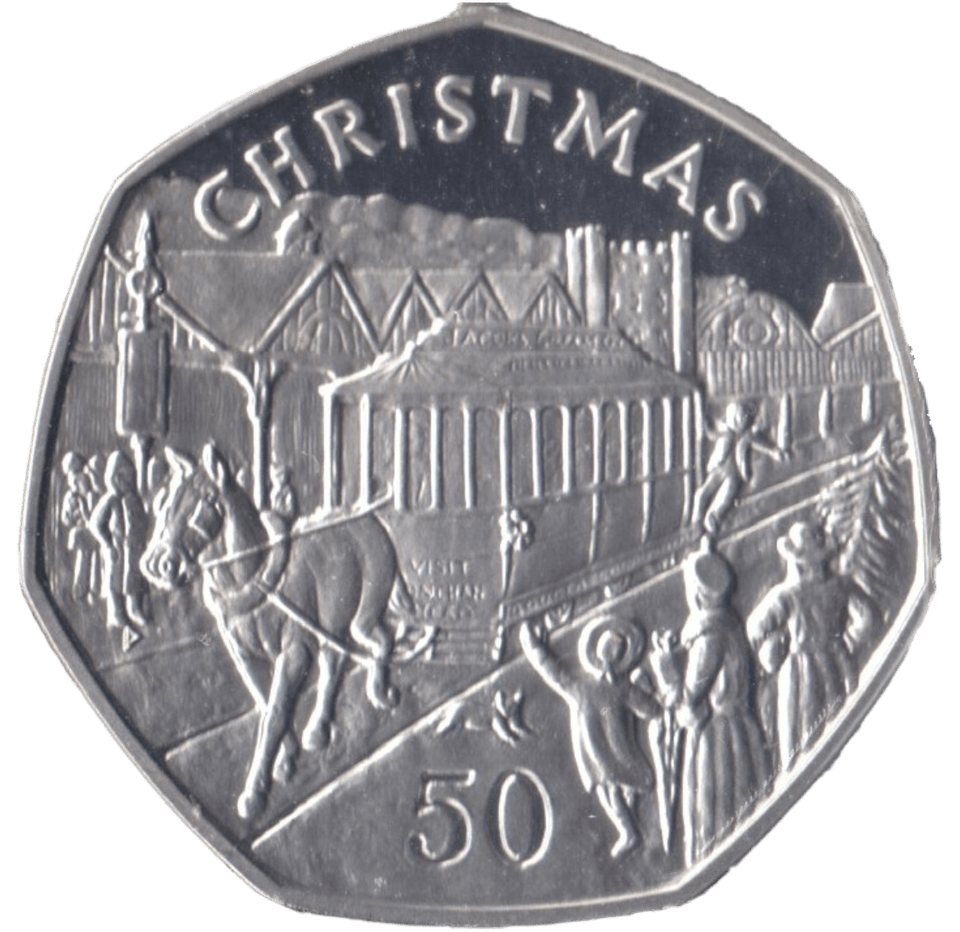 1986 SILVER PROOF CHRISTMAS HORSE AND TRAM LARGE 50P ISLE OF MAN 2 - 50P REGIONAL ISSUES - Cambridgeshire Coins