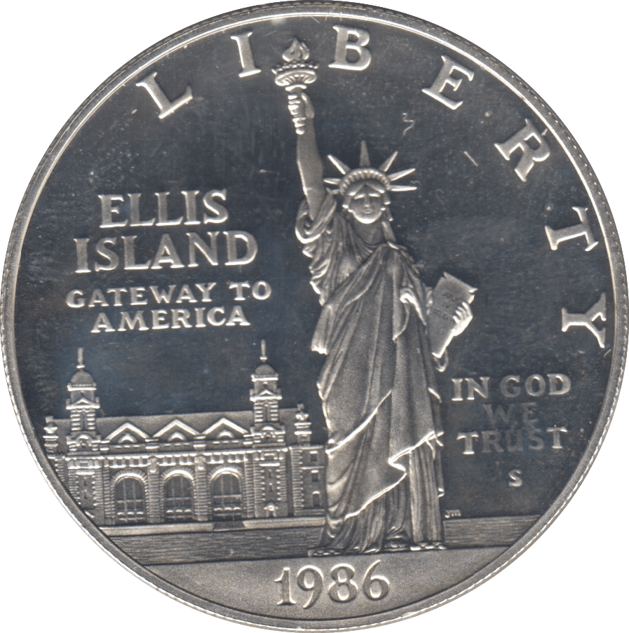 1986 SILVER PROOF ELLIS ISLAND ONE DOLLAR USA - SILVER WORLD COINS - Cambridgeshire Coins
