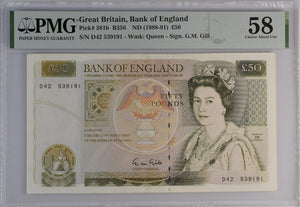 1988 - 91 GREAT BRITAIN FIFTY POUNDS BANKNOTE GILL PMG 58 CHOICE ABOUT UNC D42539191 - PMG CERTIFIED ENGLISH BANKNOTES - Cambridgeshire Coins