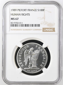 1989 SILVER 100 FRANC PIEDFORT HUMAN RIGHTS FRANCE MS 67 - NGC SILVER COINS - Cambridgeshire Coins