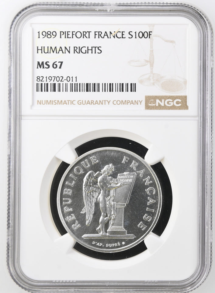 1989 SILVER 100 FRANC PIEDFORT HUMAN RIGHTS FRANCE MS 67 - NGC SILVER COINS - Cambridgeshire Coins