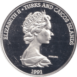1991 20 CROWN CAICOS ISLANDS 500TH ANNIVERSARY OF COLUMBUS DISCOVERY - SILVER WORLD COINS - Cambridgeshire Coins