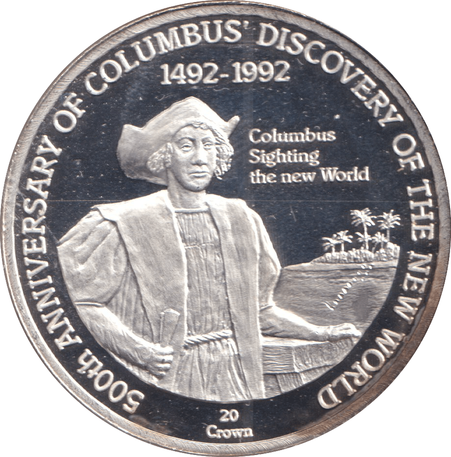 1991 20 CROWN CAICOS ISLANDS 500TH ANNIVERSARY OF COLUMBUS DISCOVERY - SILVER WORLD COINS - Cambridgeshire Coins