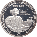 1991 20 CROWN CAICOS ISLANDS 500TH ANNIVERSARY OF COLUMBUS DISCOVERY - SILVER WORLD COINS - Cambridgeshire Coins