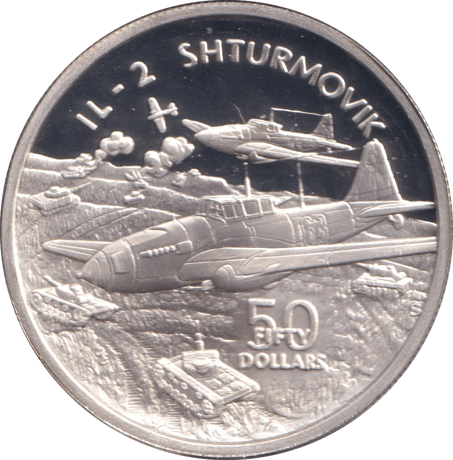 1991 SILVER PROOF FIFTY DOLLARS IL 2 SHTURMOVIK - SILVER WORLD COINS - Cambridgeshire Coins