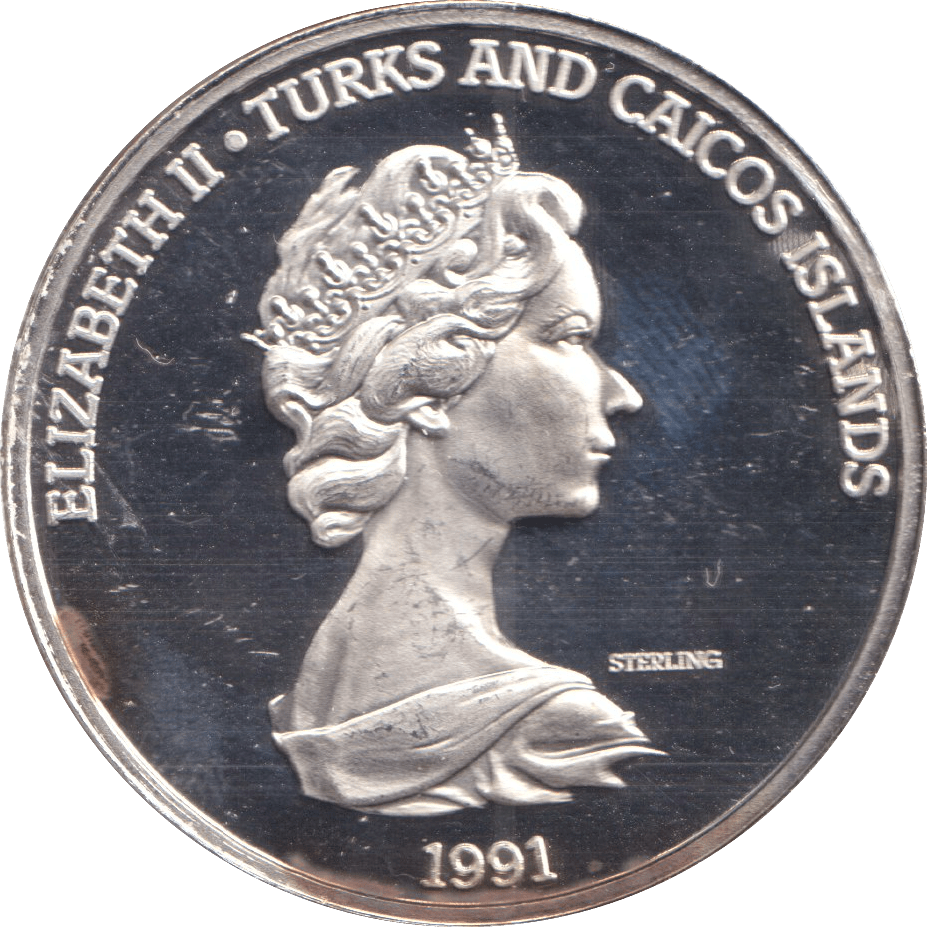 1991 TWENTY CROWN TURKS AND CAICOS ISLANDS 500TH ANNIVERSARY OF COLUMBUS DISCOVERY - SILVER WORLD COINS - Cambridgeshire Coins