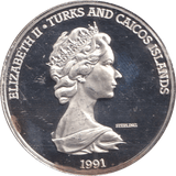 1991 TWENTY CROWN TURKS AND CAICOS ISLANDS 500TH ANNIVERSARY OF COLUMBUS DISCOVERY - SILVER WORLD COINS - Cambridgeshire Coins