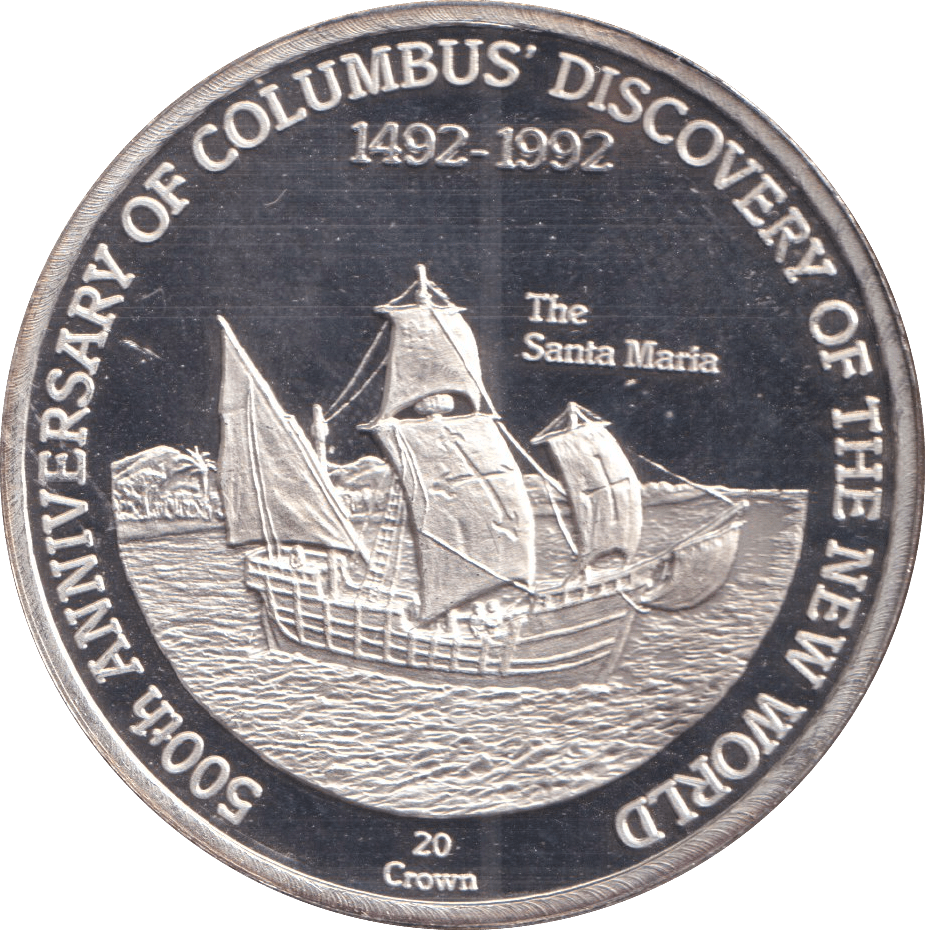 1991 TWENTY CROWN TURKS AND CAICOS ISLANDS 500TH ANNIVERSARY OF COLUMBUS DISCOVERY - SILVER WORLD COINS - Cambridgeshire Coins