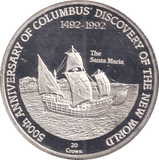 1991 TWENTY CROWN TURKS AND CAICOS ISLANDS 500TH ANNIVERSARY OF COLUMBUS DISCOVERY - SILVER WORLD COINS - Cambridgeshire Coins