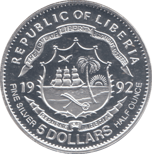 1992 REPUBLIC OF LIBERIA 5 DOLLARS SILVER PROOF - WORLD COINS - Cambridgeshire Coins