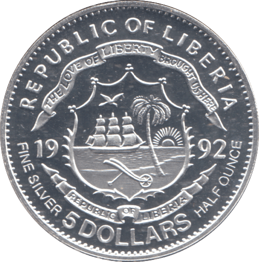 1992 REPUBLIC OF LIBERIA 5 DOLLARS SILVER PROOF - WORLD COINS - Cambridgeshire Coins