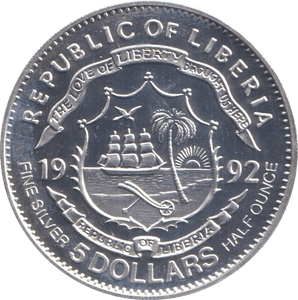 1992 SILVER 5 DOLLARS LIBERIA - SILVER WORLD COINS - Cambridgeshire Coins