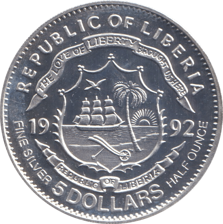1992 SILVER 5 DOLLARS LIBERIA - SILVER WORLD COINS - Cambridgeshire Coins