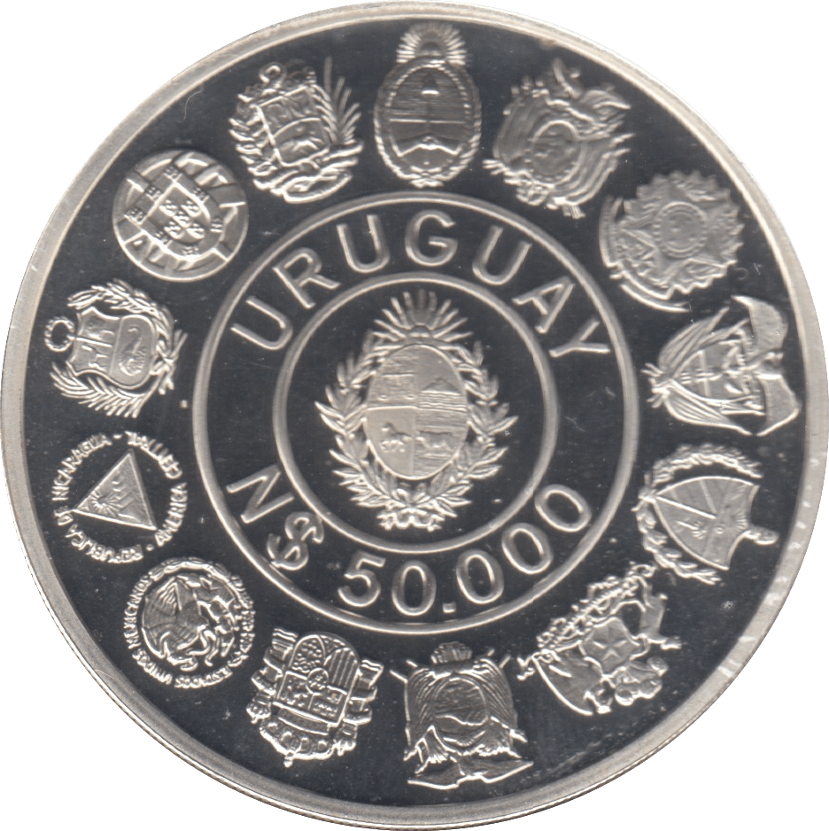 1992 SILVER PROOF 50,000 NUEVOS URUGUAY - SILVER WORLD COINS - Cambridgeshire Coins