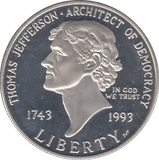 1993 MONTICELLO SILVER PROOF DOLLAR USA SAN FRANCISCO MINT - SILVER WORLD COINS - Cambridgeshire Coins