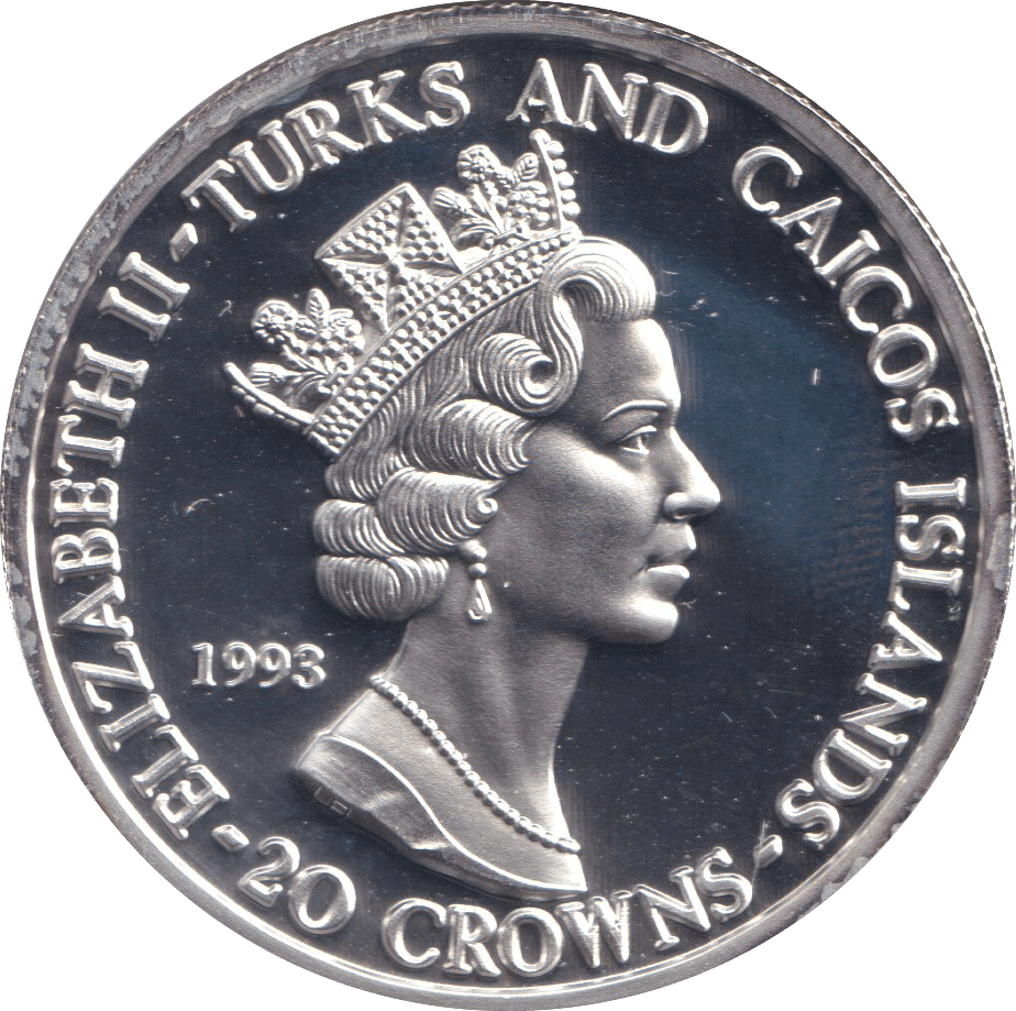 1993 SILVER PROOF 20 CROWNS TURKS AND CAICOS ISLANDS - SILVER WORLD COINS - Cambridgeshire Coins