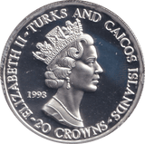 1993 SILVER PROOF 20 CROWNS TURKS AND CAICOS ISLANDS - SILVER WORLD COINS - Cambridgeshire Coins