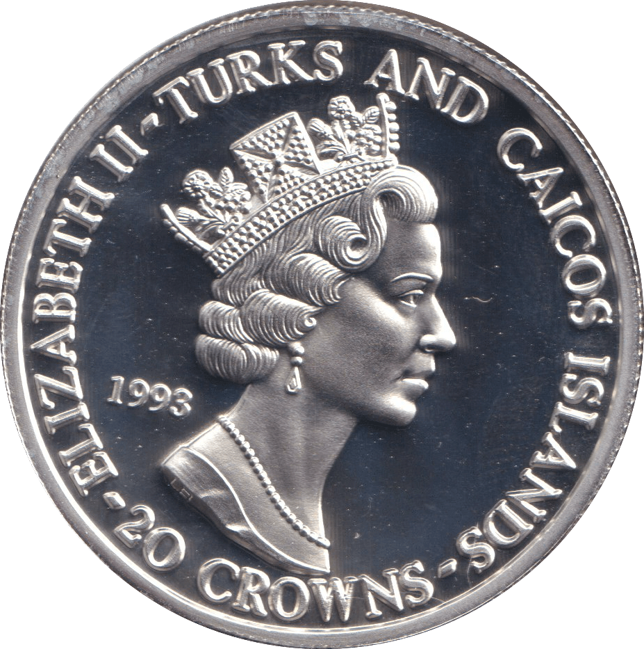 1993 SILVER PROOF 20 CROWNS TURKS AND CAICOS ISLANDS - SILVER WORLD COINS - Cambridgeshire Coins