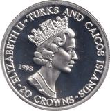1993 SILVER PROOF 20 CROWNS TURKS AND CAICOS ISLANDS - SILVER WORLD COINS - Cambridgeshire Coins