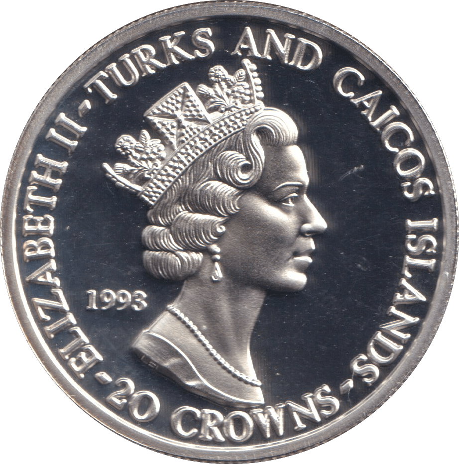 1993 SILVER PROOF 20 CROWNS WORLD CUP TURKS AND CAICOS ISLANDS - SILVER WORLD COINS - Cambridgeshire Coins
