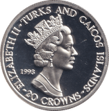 1993 SILVER PROOF 20 CROWNS WORLD CUP TURKS AND CAICOS ISLANDS - SILVER WORLD COINS - Cambridgeshire Coins