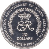 1993 SILVER PROOF 20 DOLLARS CORONATION ANNIVERSARY OF QUEEN ELIZABETH - SILVER WORLD COINS - Cambridgeshire Coins