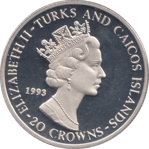 1993 SILVER PROOF 40th ANNIVERSARY ACCESSION TWENTY CROWNS TURKS AND CAICOS - SILVER WORLD COINS - Cambridgeshire Coins