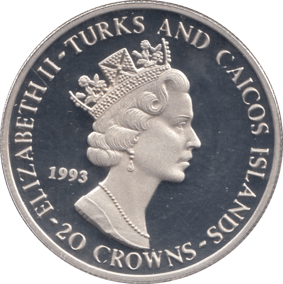 1993 SILVER PROOF 40th ANNIVERSARY ACCESSION TWENTY CROWNS TURKS AND CAICOS - SILVER WORLD COINS - Cambridgeshire Coins