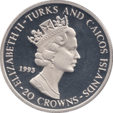 1993 SILVER PROOF 40th ANNIVERSARY ACCESSION TWENTY CROWNS TURKS AND CAICOS - SILVER WORLD COINS - Cambridgeshire Coins