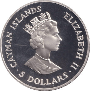 1993 SILVER PROOF FIVE DOLLARS CAYMAN ISLANDS - SILVER WORLD COINS - Cambridgeshire Coins