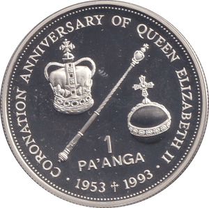 1993 SILVER PROOF ONE PA'ANGA CORONATION ANNIVERSARY - SILVER WORLD COINS - Cambridgeshire Coins