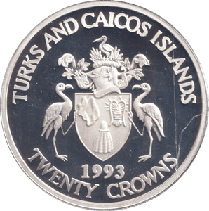 1993 SILVER PROOF TWENTY CROWN TURKS AND CAICOS ISLANDS - SILVER WORLD COINS - Cambridgeshire Coins