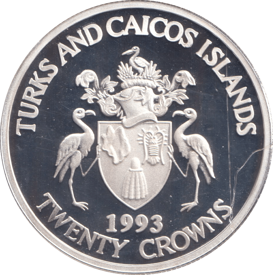 1993 SILVER PROOF TWENTY CROWN TURKS AND CAICOS ISLANDS - SILVER WORLD COINS - Cambridgeshire Coins