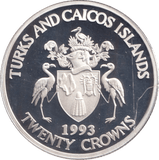 1993 SILVER PROOF TWENTY CROWN TURKS AND CAICOS ISLANDS - SILVER WORLD COINS - Cambridgeshire Coins