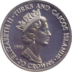 1993 SILVER PROOF TWENTY CROWN TURKS AND CAICOS ISLANDS - SILVER WORLD COINS - Cambridgeshire Coins