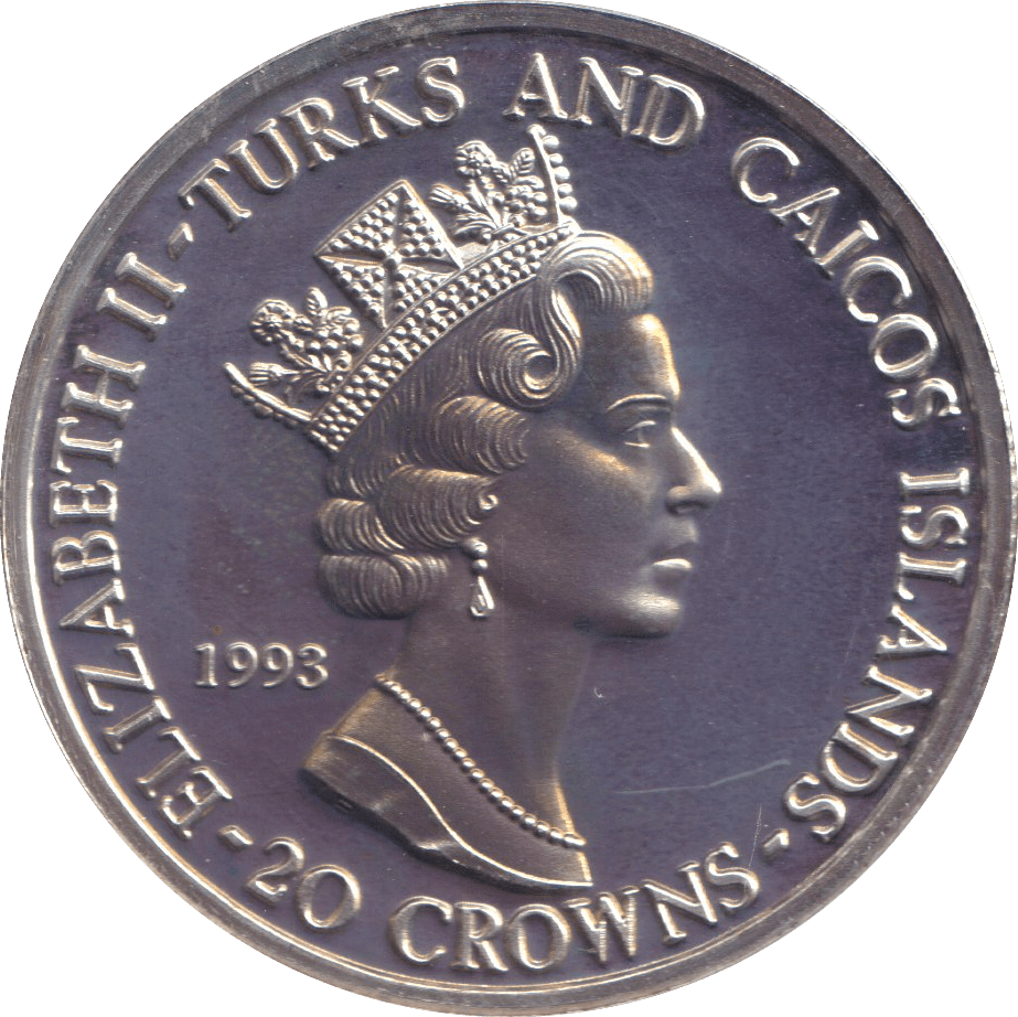 1993 SILVER PROOF TWENTY CROWN TURKS AND CAICOS ISLANDS - SILVER WORLD COINS - Cambridgeshire Coins