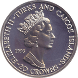1993 SILVER PROOF TWENTY CROWN TURKS AND CAICOS ISLANDS - SILVER WORLD COINS - Cambridgeshire Coins