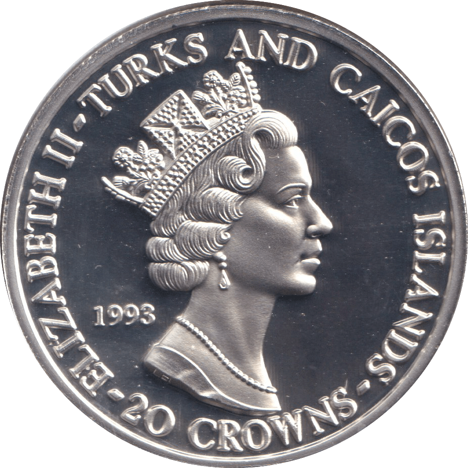 1993 SILVER PROOF TWENTY CROWNS TURKS AND CAICOS ISLANDS - SILVER WORLD COINS - Cambridgeshire Coins
