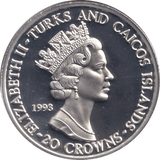 1993 SILVER PROOF TWENTY CROWNS TURKS AND CAICOS ISLANDS - SILVER WORLD COINS - Cambridgeshire Coins