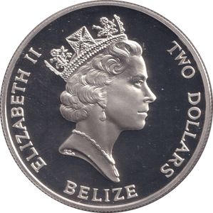 1993 SILVER PROOF TWO DOLLAR BELIZE - SILVER WORLD COINS - Cambridgeshire Coins