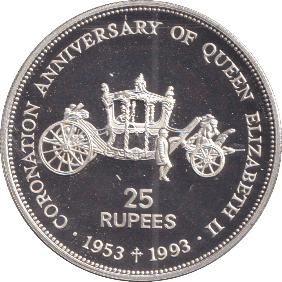 1993 TWENTY FIVE RUPEES REPUBLIC OF SEYCHELLES ANNIVERSARY OF CORONATION OF ELIZABETH - SILVER WORLD COINS - Cambridgeshire Coins