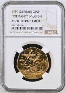 1994 GOLD PROOF LARGE 50P NORMANDY INVASION PF 68 ULTRA CAMEO - NGC GOLD 50P - Cambridgeshire Coins
