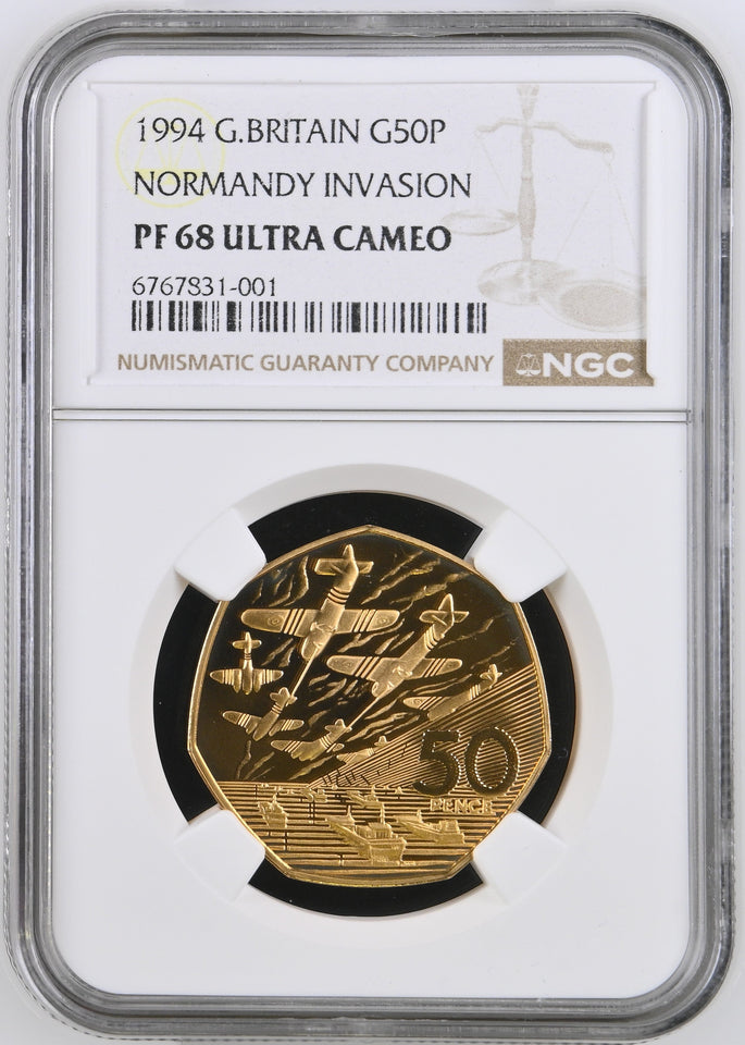 1994 GOLD PROOF LARGE 50P NORMANDY INVASION PF 68 ULTRA CAMEO - NGC GOLD 50P - Cambridgeshire Coins