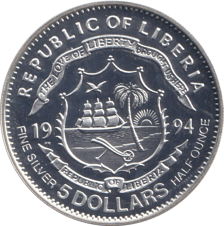 1994 HALF OUNCE FINE SILVER FIVE DOLLARS LIBERIA - SILVER WORLD COINS - Cambridgeshire Coins