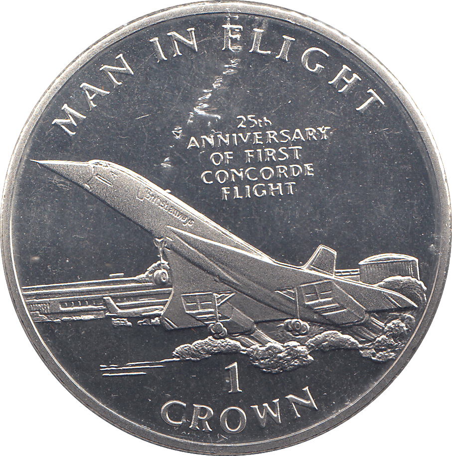 1994 ONE CROWN MAN IN FLIGHT 25TH ANNIVERSARY OF FIRST CONCORD FLIGHT - WORLD COINS - Cambridgeshire Coins