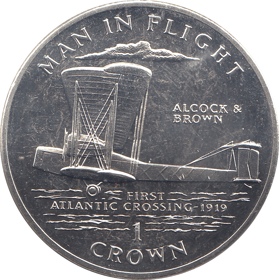 1994 ONE CROWN MAN IN FLIGHT ALROCK & BROWN FIRST ATLANTIC CROSSING 1919 - WORLD COINS - Cambridgeshire Coins